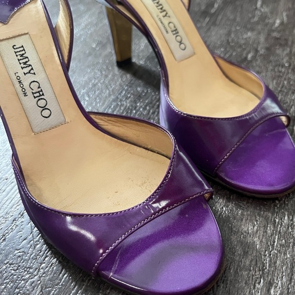 Jimmy Choo London Purple Patent Leather Slingback Heels Gold Heel Shoes - Picture 1 of 7
